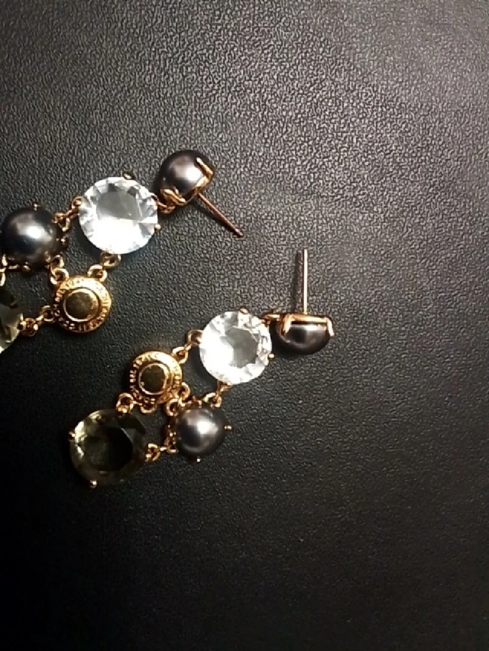 Coach Gold-Tone Drop Earrings with Clear Stones and Dark Gray Pearls - Picture 1 of 4